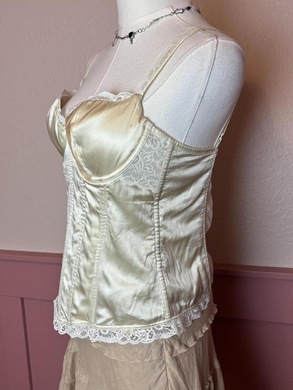 Natori vintage vanity lace silk bustier corset 36b butter yellow fairy victorian - Picture 3 of 8